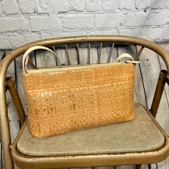 Fossil vintage tan leather woven basketweave shoulder bag structured - Picture 13 of 13